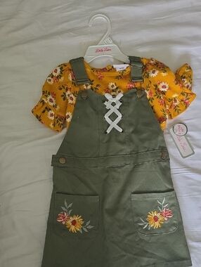 Olive Green Embroidered Pinafore Dress with Mustard Floral Top